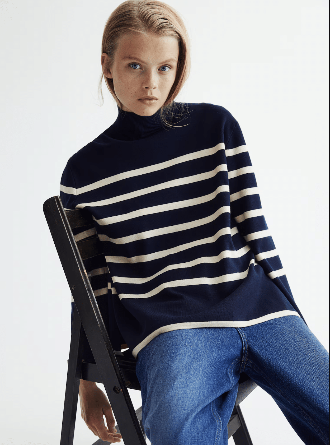 Mockneck navy and white sweater